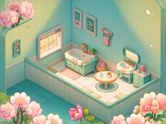 ((masterpiece, best quality,)),no humans, flower, bathtub, towel, mirror, bottle, window, food, petals, bathroom, pink flower, sink, water, faucet