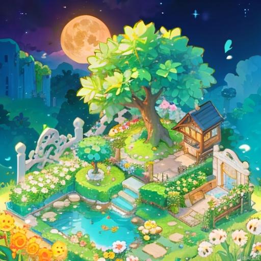 ((masterpiece, best quality,)),tree, flower, no humans, water, house, yellow flower, moon, plant, grass, fence <lora:microscene1.1-000016:0.8>