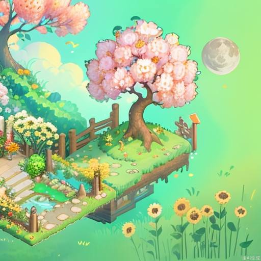 ((masterpiece, best quality,)),tree, flower, no humans, water, house, yellow flower, moon, plant, grass, fence <lora:microscene1.1-000016:0.8>