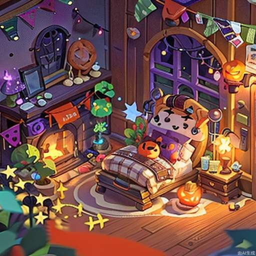 ((masterpiece, best quality,)),window, pumpkin, candle, halloween, jack-o'-lantern, hat, bed, food, witch hat, no humans, indoors, night, plant, ghost, book, table, spider web, silk, potted plant, fireplace, pillow, door, wooden floor 