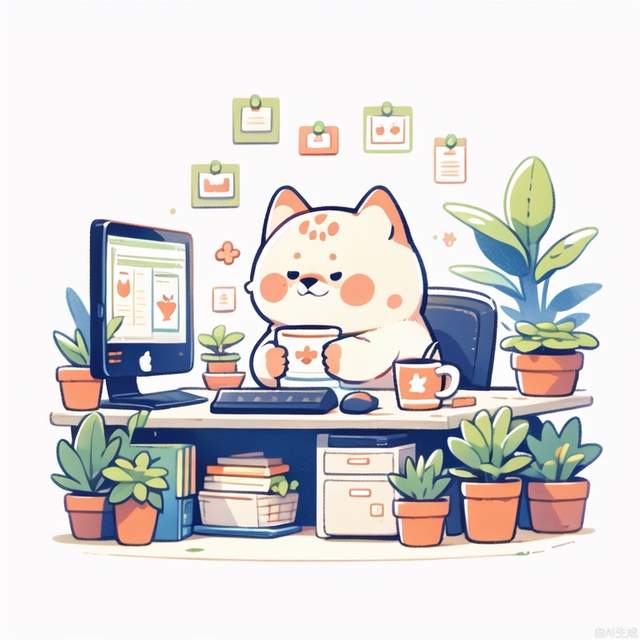 masterpiece, best quality,no humans, cat, plant, cup, monitor, potted plant, mug, computer, paw print, flower, keyboard, white background