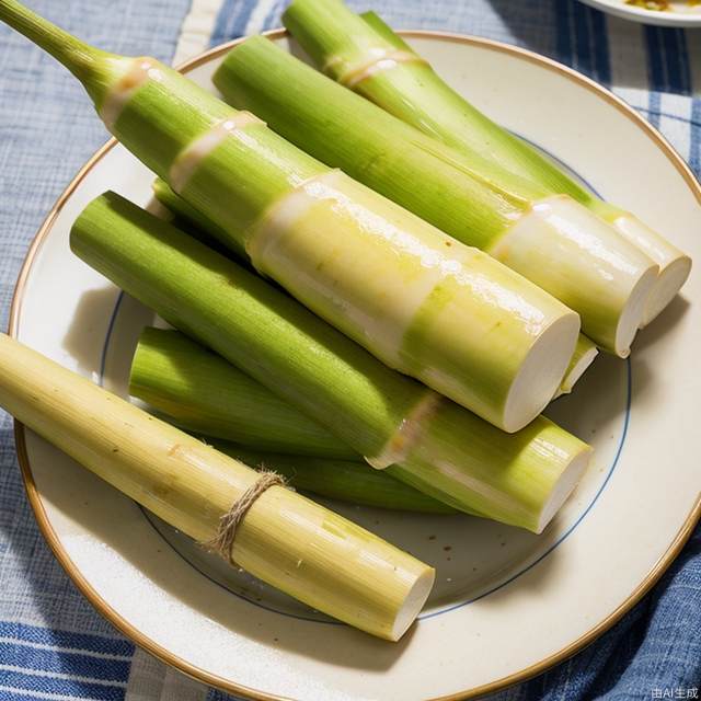 Bamboo shoots, jiaobai,food,plants,blue and white porcelain plate,light yellow tablecloth,realistic,close-up shot