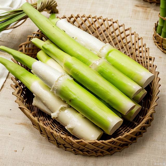 jiaobai,food,plants,bamboo basket,white tablecloth,realistic,wooden table,close-up shot