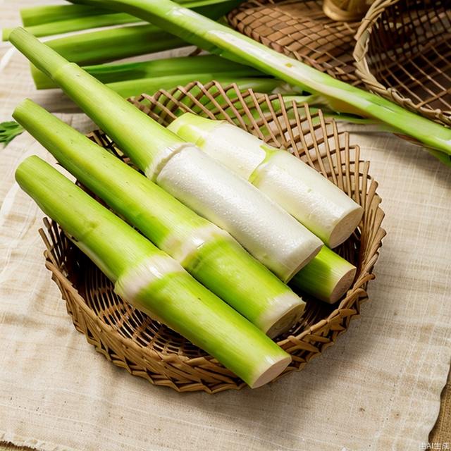 jiaobai,food,plants,bamboo basket,white tablecloth,realistic,wooden table,close-up shot