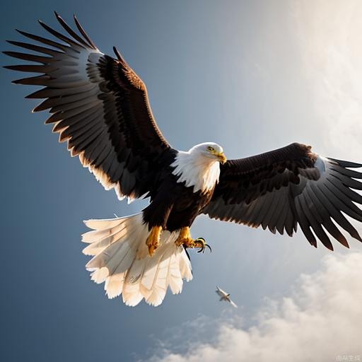 Depict the grace and strength of an eagle soaring through the sky, highlighting its sharp beak, intense gaze, and powerful wingspan. Use dynamic lighting and a wide-angle perspective for an immersive scene..