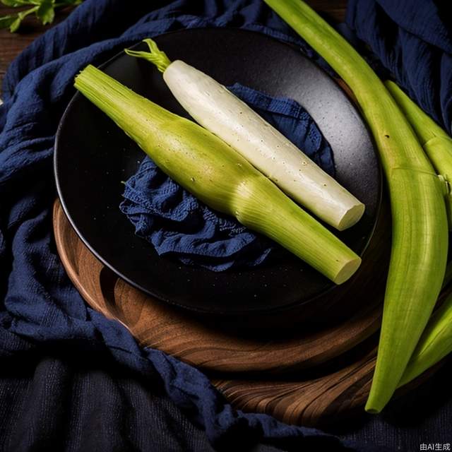 jiaobai,black dining plate,dark blue tablecloth,food,plants,realistic,close-up shot