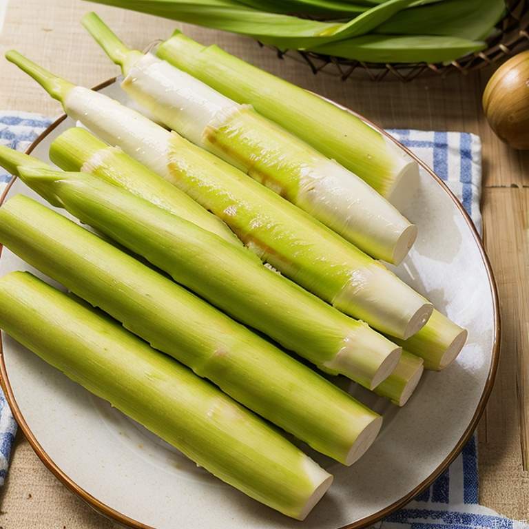 竹笋、交白、食物、植物、青花瓷盘、浅黄色