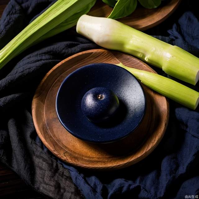 jiaobai,black dining plate,dark blue tablecloth,food,plants,realistic,close-up shot