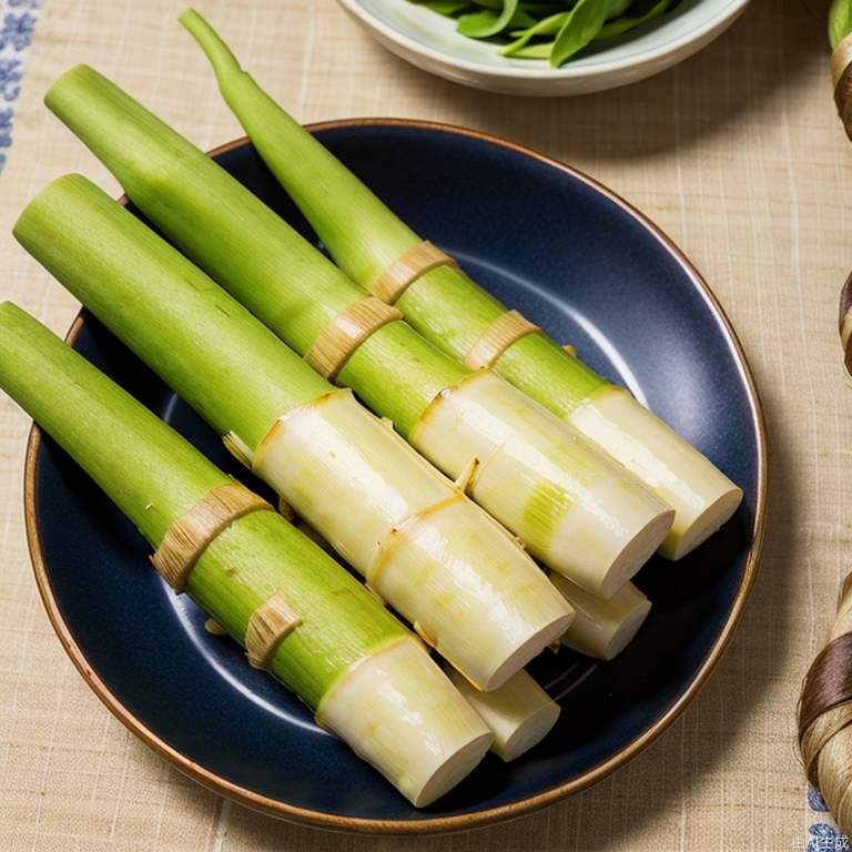 竹笋、交白、食物、植物、青花瓷盘、浅黄色