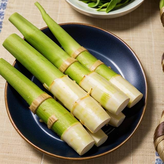 Bamboo shoots, jiaobai,food,plants,blue and white porcelain plate,light yellow tablecloth,realistic,close-up shot