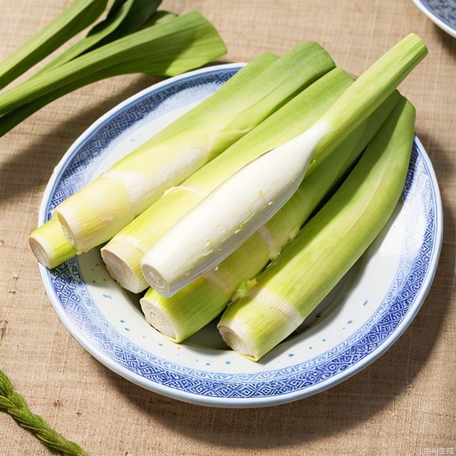 jiaobai,food,plants,blue and white porcelain plate,light yellow tablecloth,realistic,close-up shot