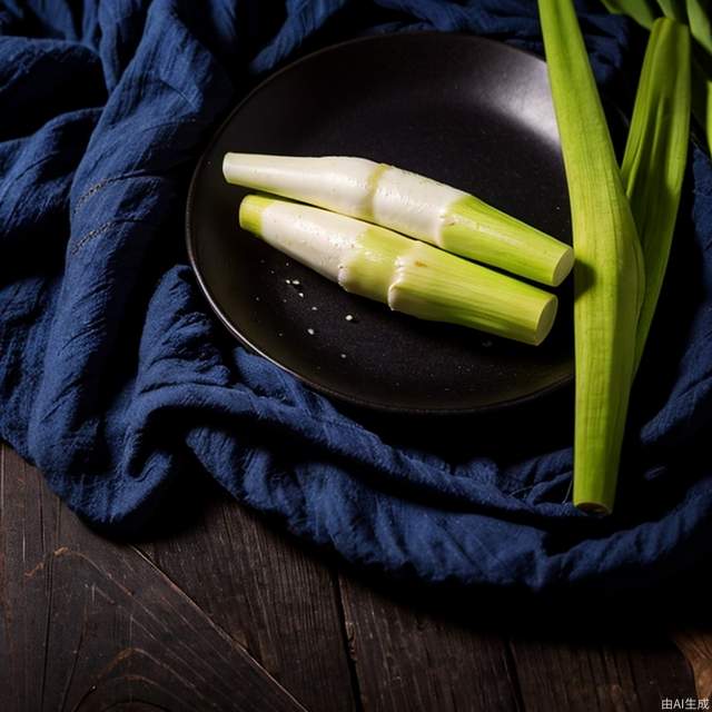 jiaobai,black dining plate,dark blue tablecloth,food,plants,realistic,close-up shot