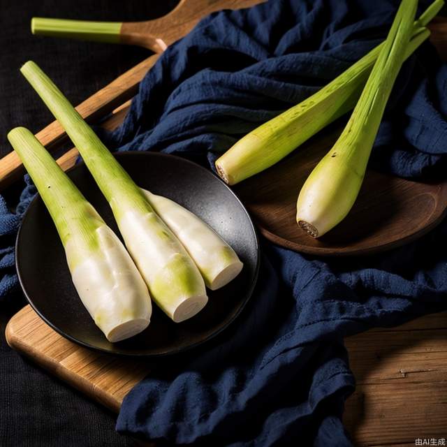 jiaobai,black dining plate,dark blue tablecloth,food,plants,realistic,close-up shot