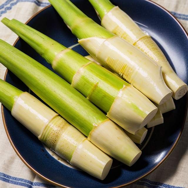 Bamboo shoots, jiaobai,food,plants,blue and white porcelain plate,light yellow tablecloth,realistic,close-up shot