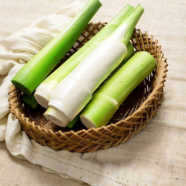 jiaobai,food,plants,bamboo basket,white tablecloth,realistic,wooden table,close-up shot