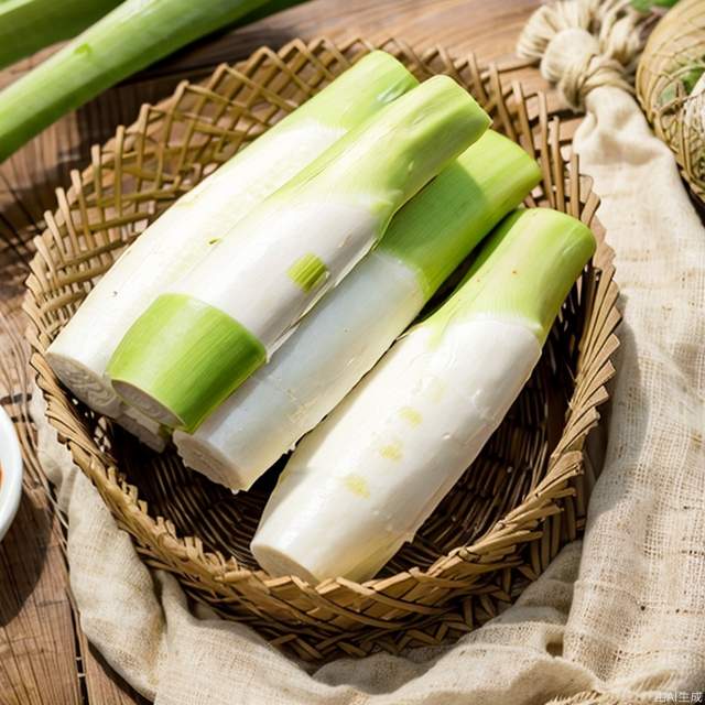 jiaobai,food,plants,bamboo basket,white tablecloth,realistic,wooden table,close-up shot