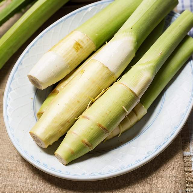 Bamboo shoots, jiaobai,food,plants,blue and white porcelain plate,light yellow tablecloth,realistic,close-up shot