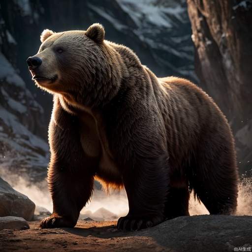 Portray the raw power and presence of a brown bear, focusing on its massive size, thick fur, and imposing claws. Use intense angles and dramatic lighting to emphasize the bear's ferocity and natural prowess..