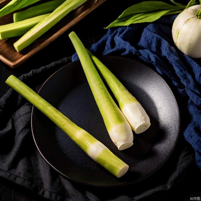 jiaobai,black dining plate,dark blue tablecloth,food,plants,realistic,close-up shot