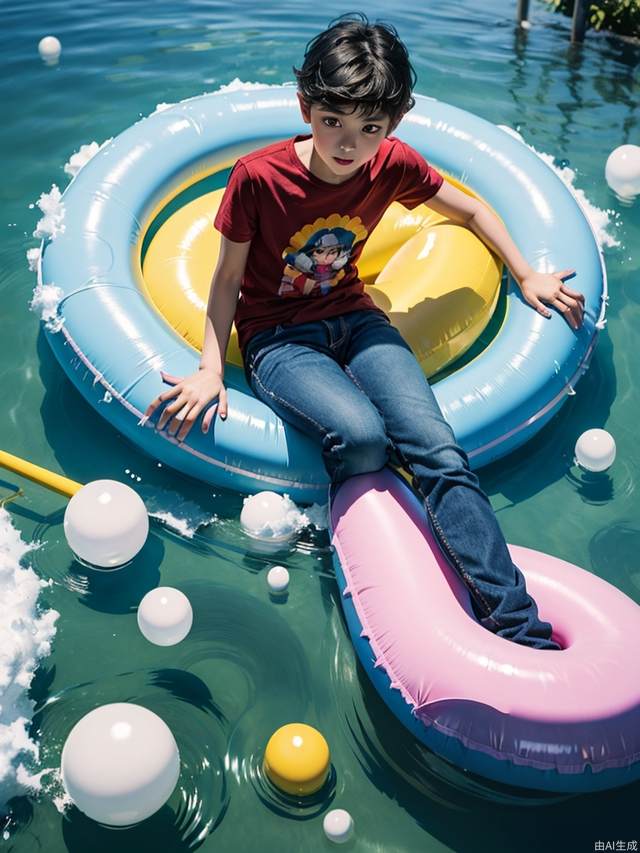 Phytography, HDR RAW photo, 8K, a 7-year-old boy with black hair, brown eyes, red T-shirt, blue jeans, sitting on an inflatable bed, the bed floating on the water, surrounded by floating colorful bubbles, huge clouds, and bright colors,UHD, textured skin, best quality, high quality, 8k