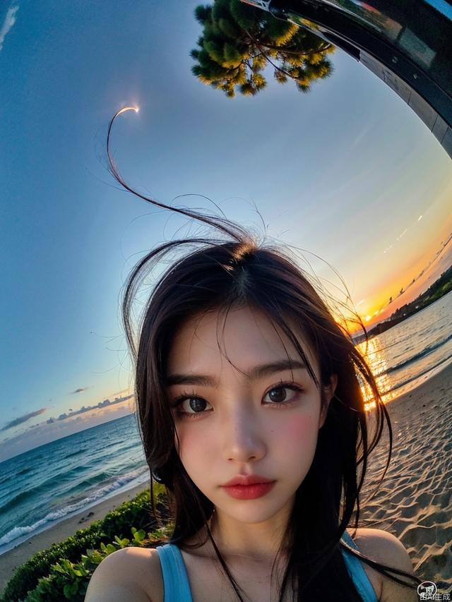 1girl, fisheye, selfie, sea, wind, messy hair, sunset, beach, (aesthetics and atmosphere:1.2),