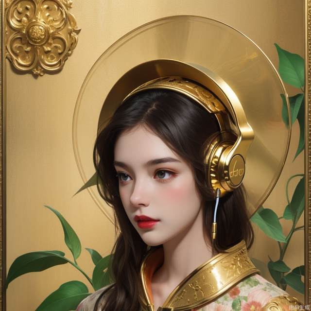 headphone made glossy paint and colorful transparent, golden metal floral and leaf pattern, flower, no humans, fantasy, ultra detail,