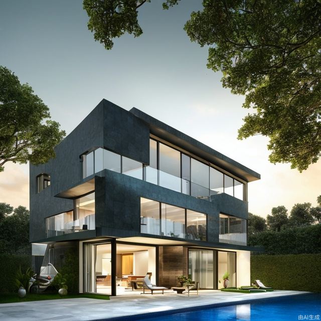 masterpieces, architecture, building, day,house, outdoors,best quality ,Detached house,The house is lined with trees,villa,swimming pool,staircase, cars ,Glass facades,Realistic lighting,Extreme lighting，sunset,