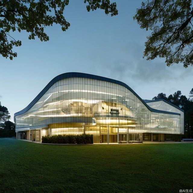 A white building with curved glass windows, a swimming pool in front of the building, and a large area of forest plants behind the building. The effect of dusk, high-definition pixels, a masterpiece