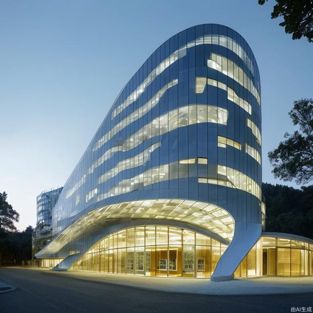 A white building with curved glass windows, a swimming pool in front of the building, and a large area of forest plants behind the building. The effect of dusk, high-definition pixels, a masterpiece