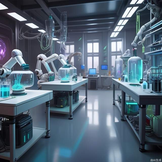 ((sci-fi lab)), white sterile interior with holographic computer displays, robotic arms working on strange experiments, cages of genetic hybrid creatures, cyborg scientists taking notes, beakers of bubbling neon liquids, extremely intricate
