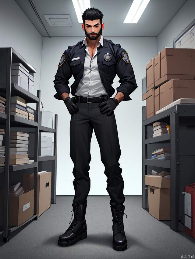 A male,ecetion under clothes,tight black trousers,tight white long-sleeved shirt,three buttons on the shirt are not buckled,full chest,black ultra-short hair, thick and neat black beard,police station office,standing posture,facing the screen,looking at the camera,hands akimbo,masterpiece,best quality,(full body),black combat boots,black combat gloves,combat gear,