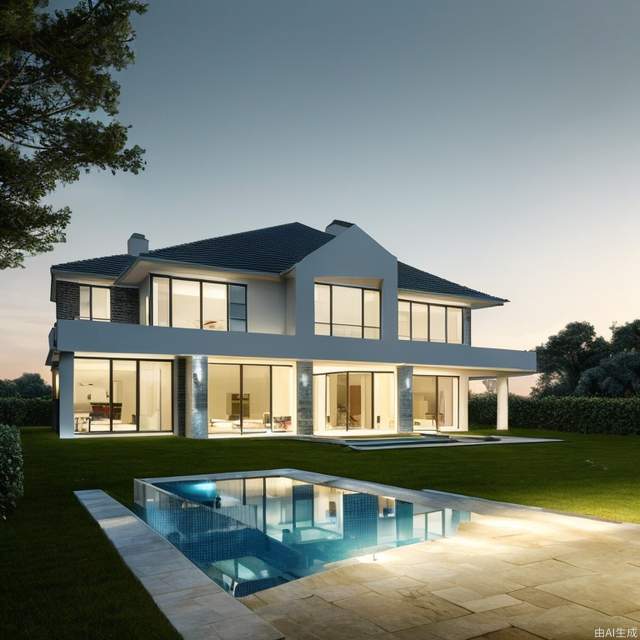 masterpieces, architecture, building, day,house, outdoors,best quality ,Detached house,The house is lined with trees,villa,swimming pool,staircase, cars ,Glass facades,Realistic lighting,Extreme lighting，sunset,