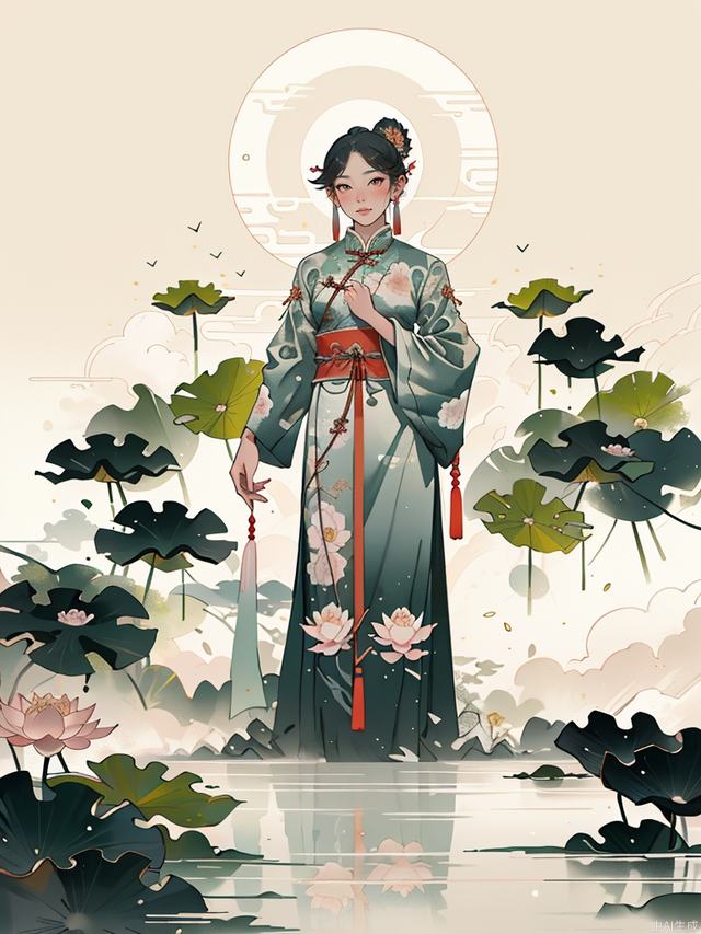 An ancient Chinese beauty, wearing ancient Chinese clothing, flowing tulle, light silk, lazy pose, big lotus leaf, lotus flower, ink painting style, clean color, decisive cut, blank space, freehand, masterpiece, super detailed , epic composition, high quality, highest quality,
