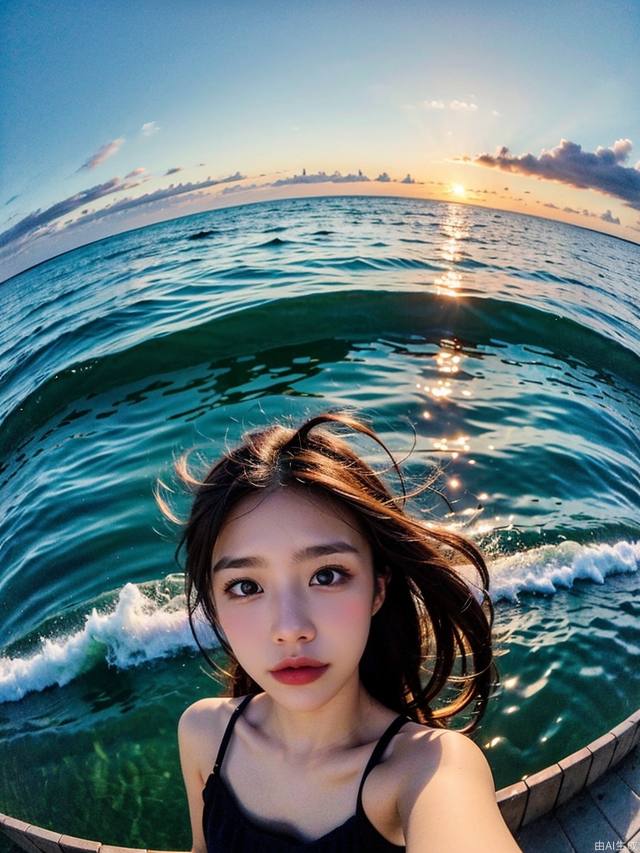 1girl, fisheye, selfie, sea, wind, messy hair, sunset, beach, (aesthetics and atmosphere:1.2),