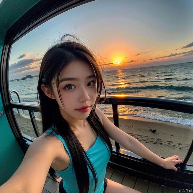 1girl, fisheye, selfie, sea, wind, messy hair, sunset, beach, (aesthetics and atmosphere:1.2),