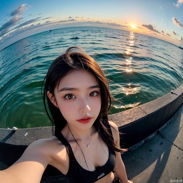 1girl, fisheye, selfie, sea, wind, messy hair, sunset, beach, (aesthetics and atmosphere:1.2),