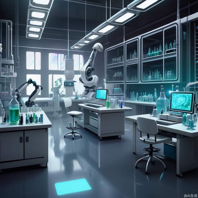 ((sci-fi lab)), white sterile interior with holographic computer displays, robotic arms working on strange experiments, cages of genetic hybrid creatures, cyborg scientists taking notes, beakers of bubbling neon liquids, extremely intricate