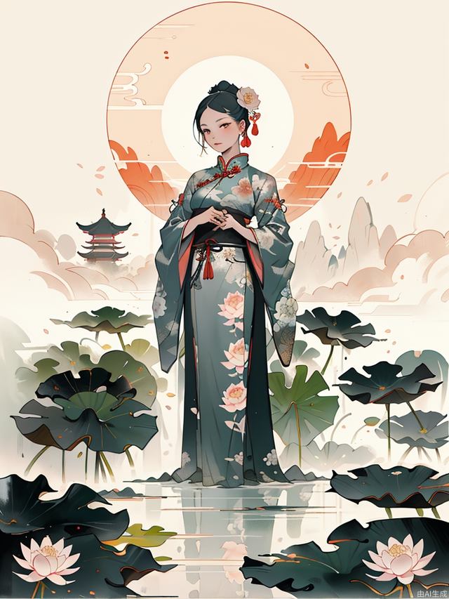 An ancient Chinese beauty, wearing ancient Chinese clothing, flowing tulle, light silk, lazy pose, big lotus leaf, lotus flower, ink painting style, clean color, decisive cut, blank space, freehand, masterpiece, super detailed , epic composition, high quality, highest quality,