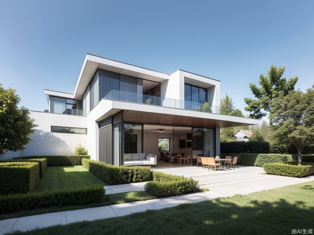 a modern villa with landscape design,with some shades of blue and gray. The materials used in the house and garden are mainly wood and stone. The plants are mainly conifers,shrubs and herbs,<lora:jgBS_20231123194957:0.8>,