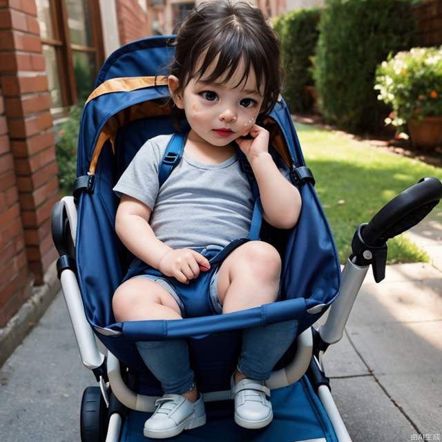 A baby sitting in a stroller crying