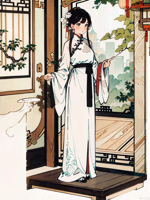 shz，best quality, masterpiece, High quality, 4K, extreme detail,
1 girl, long black hair, white long dress, white Chinese long dress, noble, holy, elegant,
Standing inside, Chinese architecture, Chinese palace