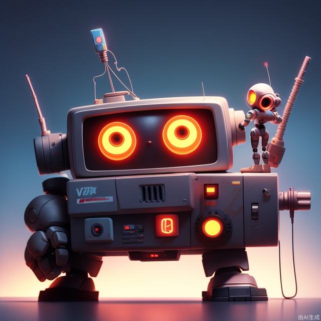 Pixar style,robot,no humans,mecha,solo,radio antenna,science fiction,standing,cable,glowing,television,looking ahead,gradient background,chibi,