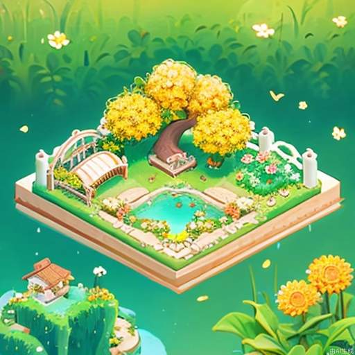 ((masterpiece, best quality,)),tree, flower, no humans, water, house, yellow flower, moon, plant, grass, fence <lora:microscene1.1-000016:0.8>