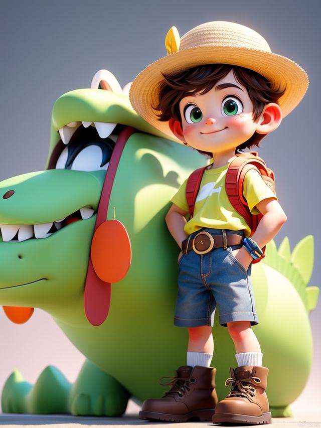 C4D,(masterpiece: 1.2), best quality, high resolution, very detailed CG, perfect lighting, 8k wallpaper, single person, 1boy, male focus, smile, smile, yellow hat, shorts, brown hair, brown shoes, socks, bracelets, backpacks, shirts, belts, standing, green eyes, whole body, blank background, white socks, white shirts, shoes, boys, boots, red Hair, Short Sleeve, Yellow Headwear, MG_ip, Pixar, Crocodile, Cute, Pet