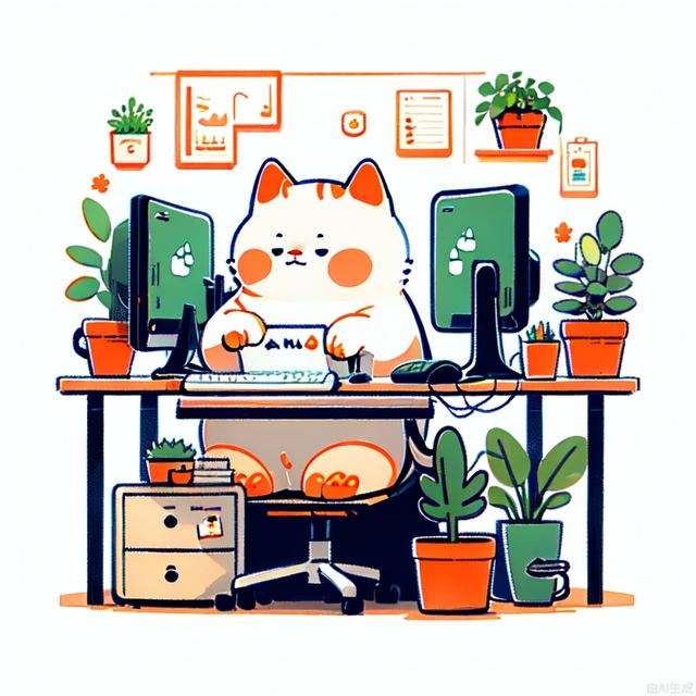 masterpiece, best quality,no humans, cat, plant, cup, monitor, potted plant, mug, computer, paw print, flower, keyboard, white background