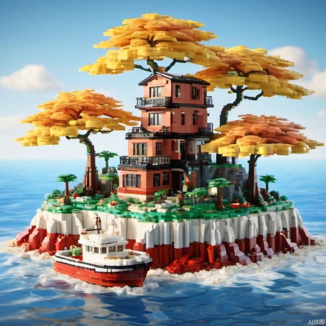 BJ_Lego_bricks, island, outdoors, sky, day, cloud, water, tree, blue_sky, no_humans, window, ocean, building, scenery, flag, watercraft, house, boat,,3D Model,8k,highly detailed,hdr,realistic,high definition,<lora:Lego_World_SDXL_v2:0.7>,