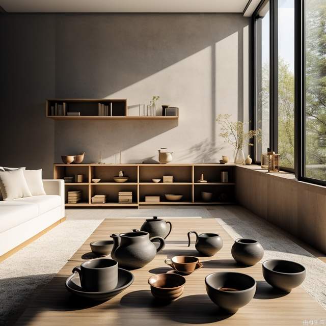 masterpiece,bestquality,ultra-detailed,sitting room,8k,extremely delicate and beautiful,highresolution,ray tracing,(realistic, photorealistic:1.37),professional lighting,photon mapping,radiosity,physically-based rendering,wabisabi style，There are tea sets, cups, and teapots on the table