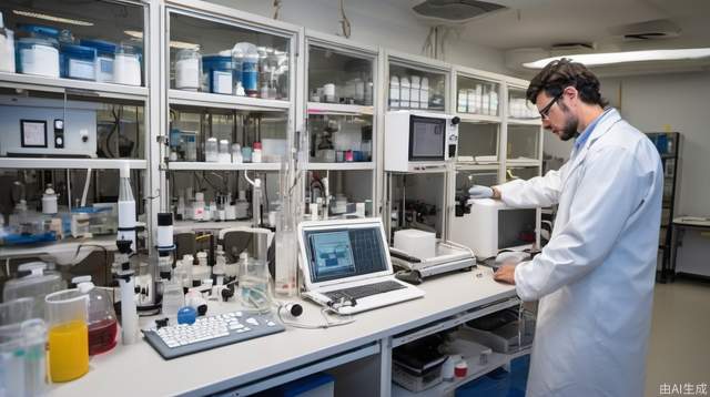 It's a mirrored, high-performance liquid chromatograph working in the lab, and the experimenter is operating it with an iPad.