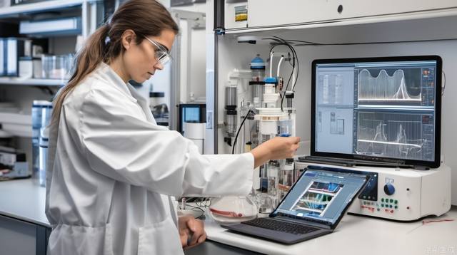 It's a mirrored, high-performance liquid chromatograph working in the lab, and the experimenter is operating it with an iPad.