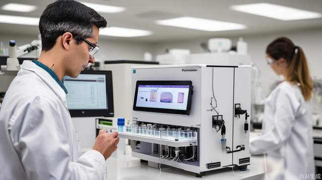 It's a mirrored, high-performance liquid chromatograph working in the lab, and the experimenter is operating it with an iPad.